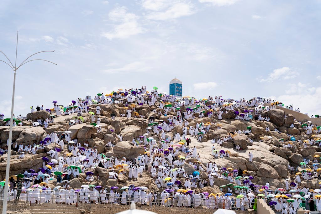 Pilgrims in white garments gather on Mount Arafat for the important Hajj ritual in Mecca, Saudi Arabia.